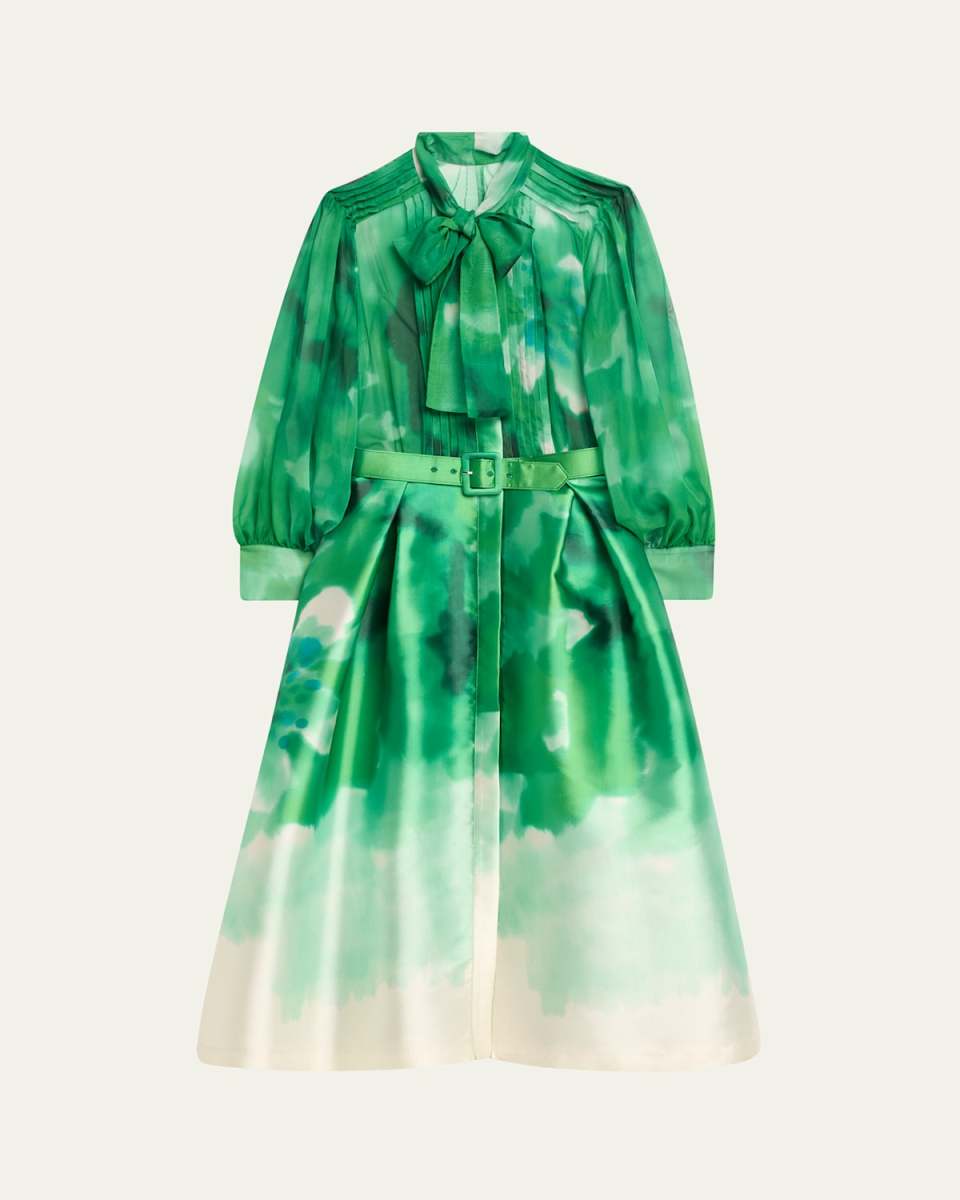 Pleated Tie-Neck Mixed Media Midi Shirtdress